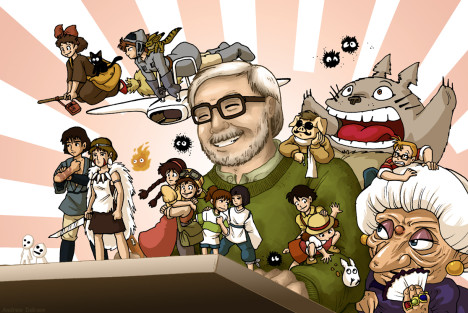Hayao Miyazaki med noen av figurene sine.