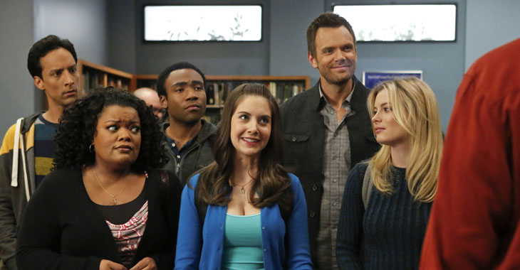 This TV publicity image released by NBC shows, from left, Danny Pudi as Abed, Yvette Nicole Brown as Shirley, Donald Glover as Troy, Alison Brie as Annie, Joel McHale as Jeff Winger, Gillian Jacobs as Britta in a scene from season four of "Community."  NBC said Monday, June 10, 2013, that show creator Dan Harmon will be joined by another former "Community" producer, Chris McKenna.Harmon was replaced as showrunner for season four after a clash with then-cast member Chevy Chase. (AP Photo/NBC, Vivian Zink)